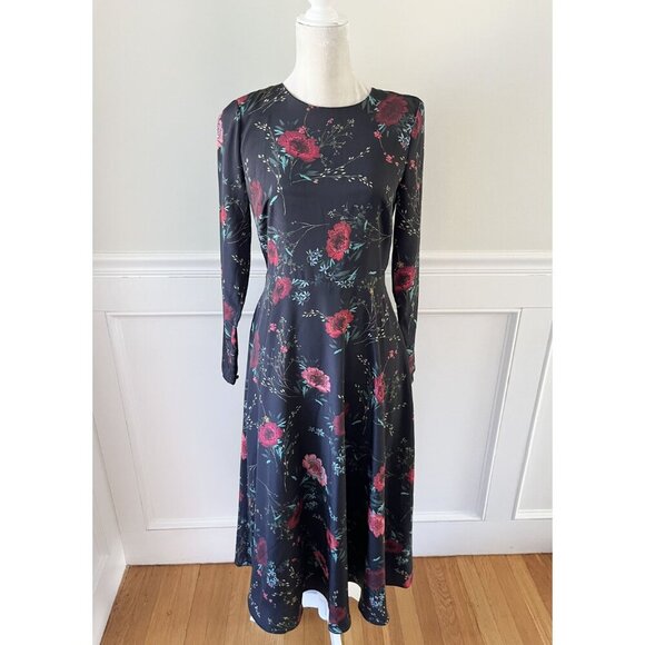 Hobbs Chloe Black Floral Print Long Sleeve Midi Dress Fully Lined Size 6 Excelle - Picture 2 of 8